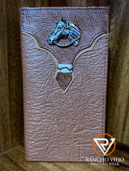 Cartera bifold texana color café con sello de Caballo de Metal - Tombstone