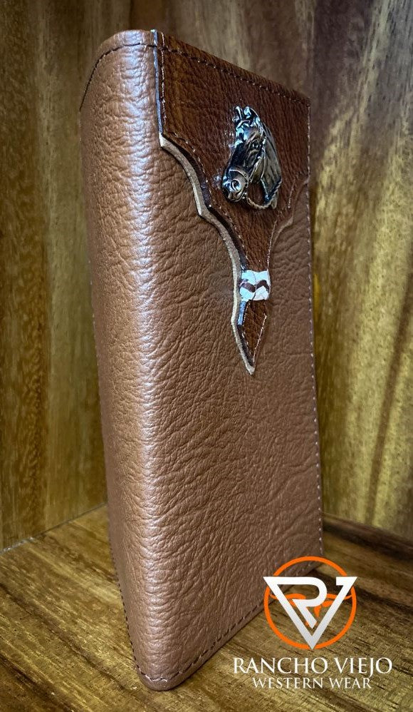 Cartera bifold texana color café con sello de Caballo de Metal - Tombstone