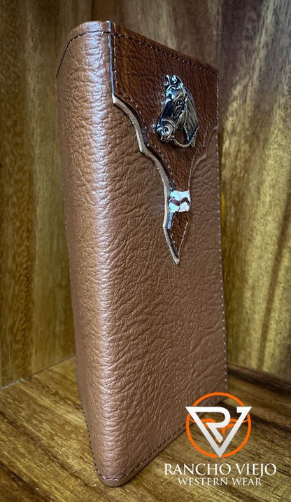 Cartera bifold texana color café con sello de Caballo de Metal - Tombstone