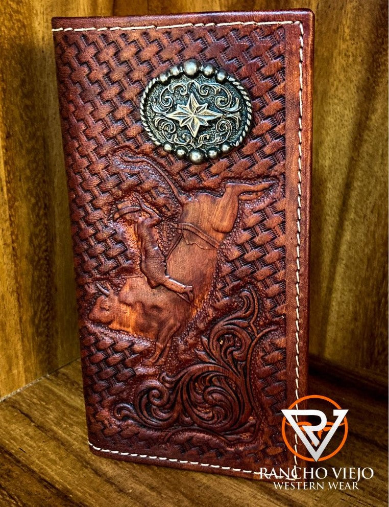 Cartera bifold Texana Color Vino con grabado de Jinete - Tombstone