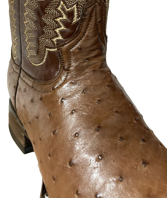 Bota de Piel de Avestruz Genuina para Hombre El Malcreado - Estilo Bulldog, Color Tabaco